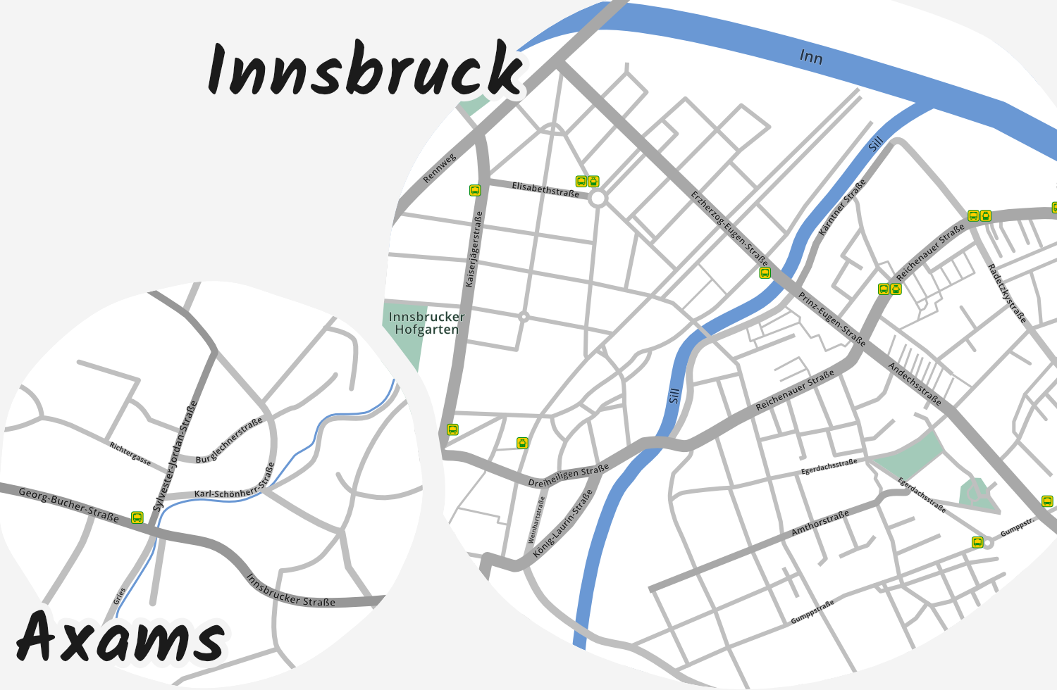 Karte von Axams und Innsbruck mit markierten Standorten der slw Wirkstätten